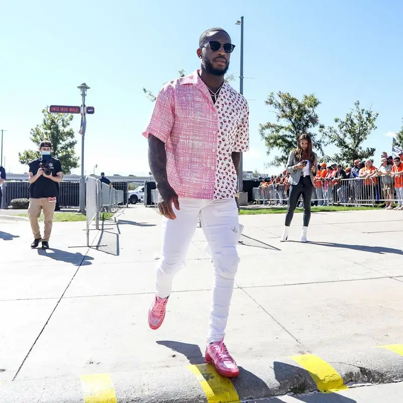 Kareem Jackson outfit in Prada, Amiri, and Louis Vuitton, 2021