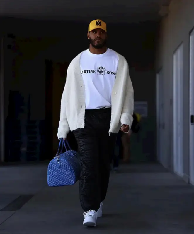 Anthony Barr outfit in Martine Rose, Louis Vuitton, and Amiri, 2021