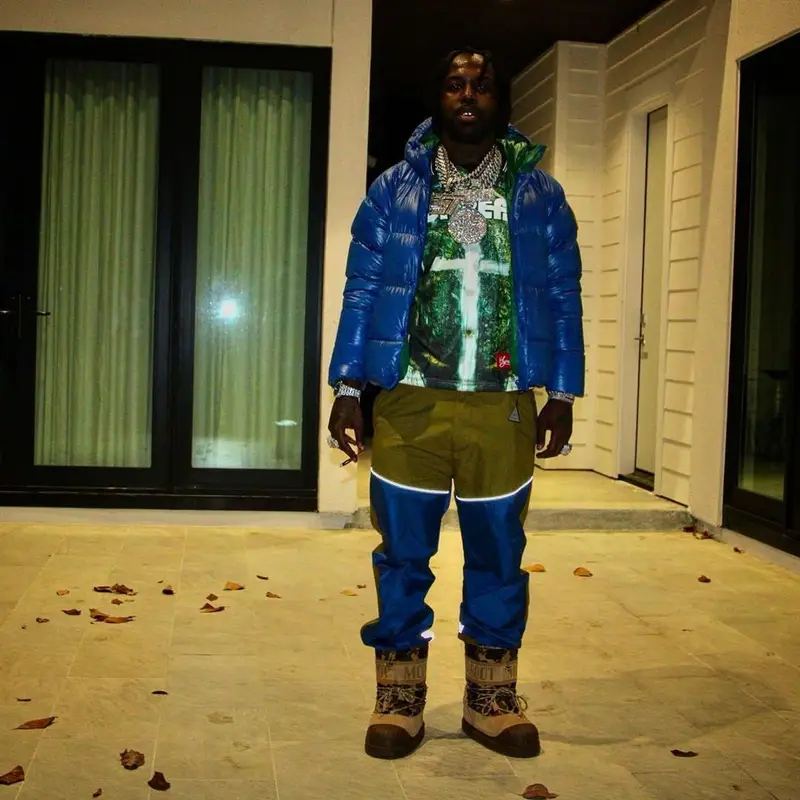 EST Gee outfit in Moncler, Cartier, and Palm Angels, 2021