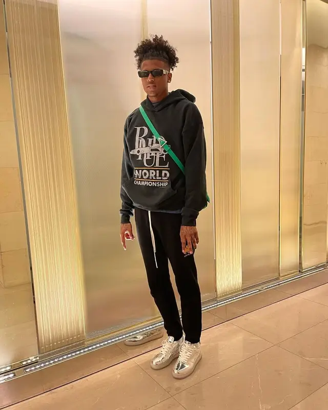 Jalen Green outfit in Rhude, Bape, and Gucci, 2021