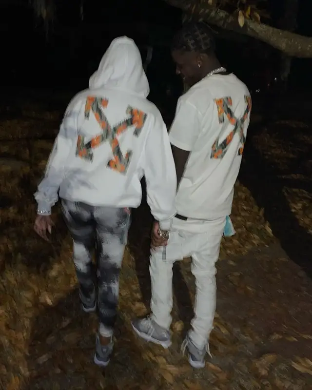 Quando Rondo outfit in Off-White, Purple Brand, and Jordan, 2021