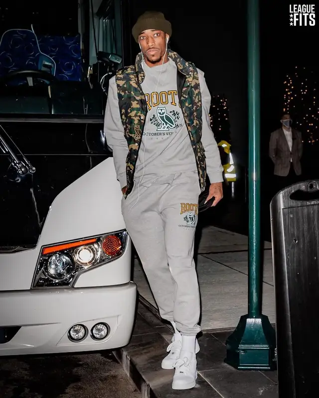 Demar Derozan outfit in Bape, Roots, and OVO, 2021