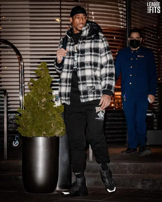 Demar Derozan outfit in Moncler, OVO, and Hiroshi Fujiwara, 2021