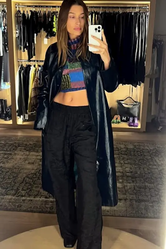 Hailey Bieber outfit in Acne Studios and Reformation, 2021