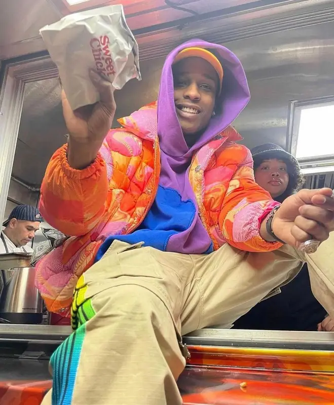 ASAP Rocky outfit in ERL, Needles, and Vintage, 2021