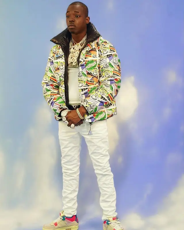 Bobby Shmurda outfit in Moncler, Valabasas, and Louis Vuitton, 2021