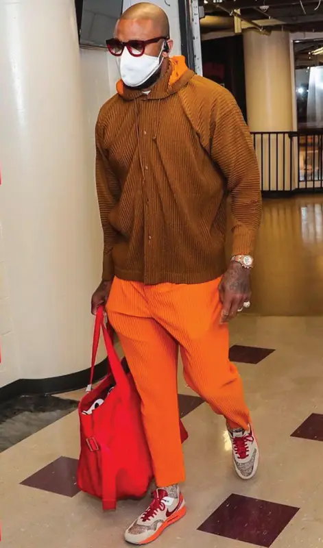 PJ Tucker outfit in Homme, Nike, and Issey Miyake, 2021