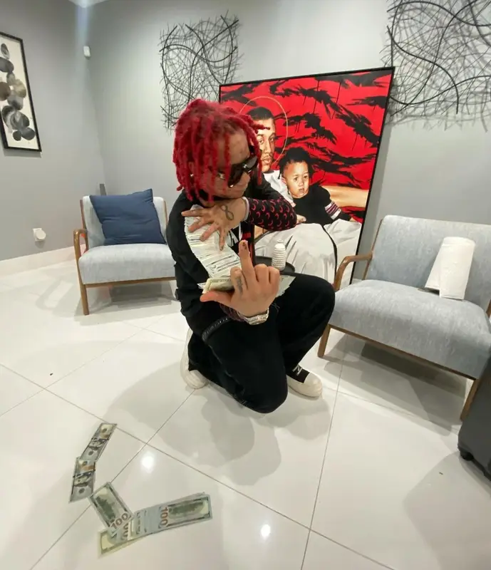 Trippie Redd outfit in Marine Serre, Rick Owens, and Louis Vuitton, 2021