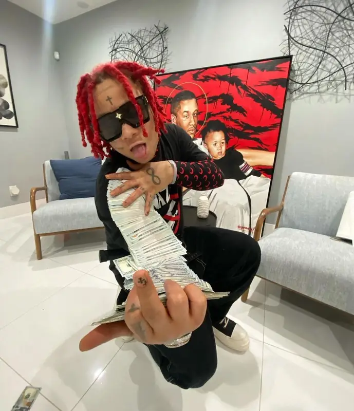 Trippie Redd outfit in Marine Serre, Rick Owens, and Louis Vuitton, 2021