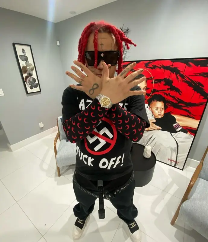 Trippie Redd outfit in Marine Serre, Rick Owens, and Louis Vuitton, 2021