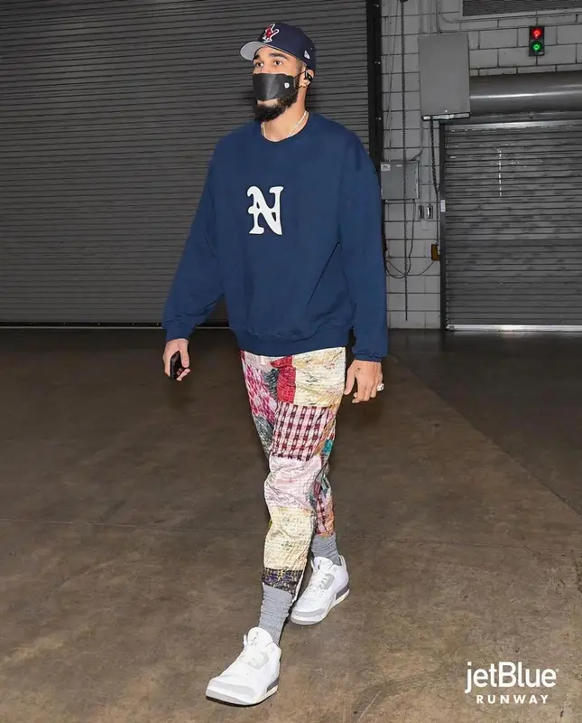 Jayson Tatum outfit in Jordan, New Era, and Henry Mask, 2021