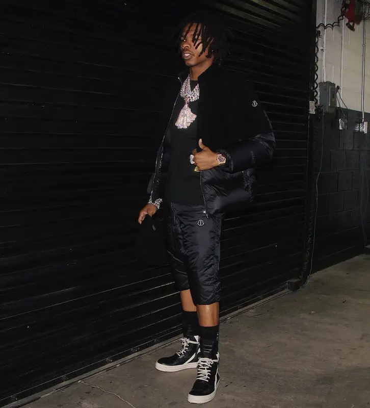 Lil Baby outfit in Moncler and Rick Owens, 2021