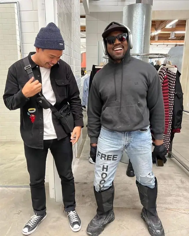Kanye West outfit in Balenciaga, Louis Vuitton, and Icon, 2021