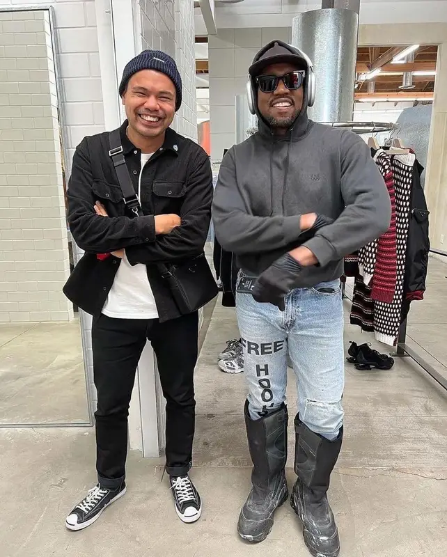Kanye West outfit in Balenciaga, Louis Vuitton, and Icon, 2021