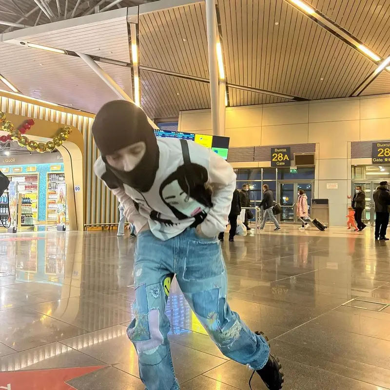 Slava Marlow outfit in Raf Simons, Kapital, and Off-White, 2021