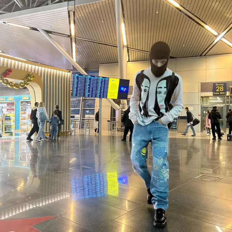 Slava Marlow outfit in Raf Simons, Kapital, and Off-White, 2021