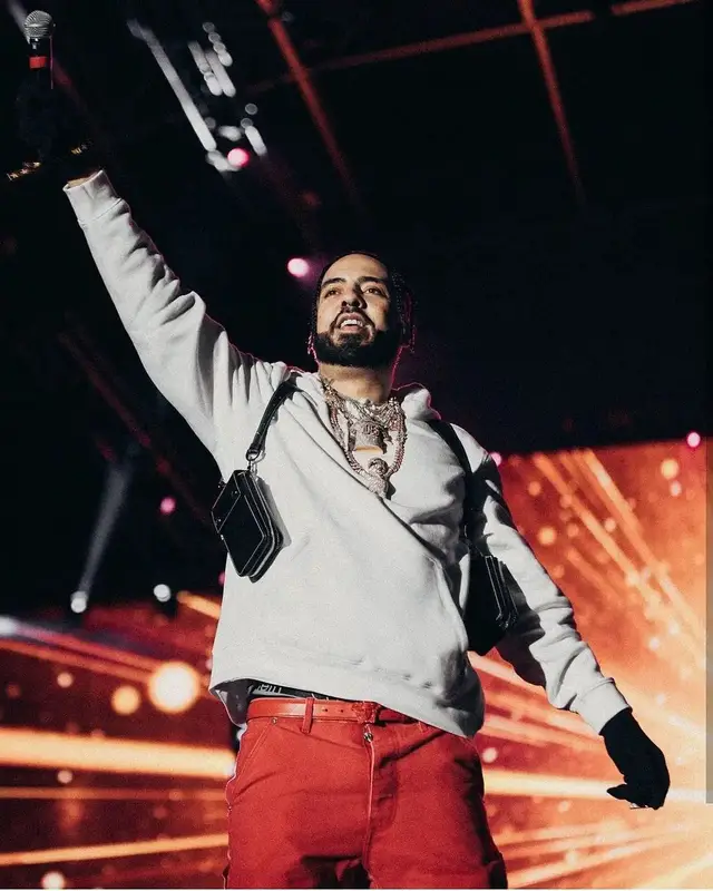 French Montana outfit in Gallery Dept., Versace, and Amiri, 2021