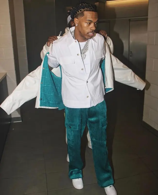 Lil Baby outfit in Bottega Veneta and Nike, 2021