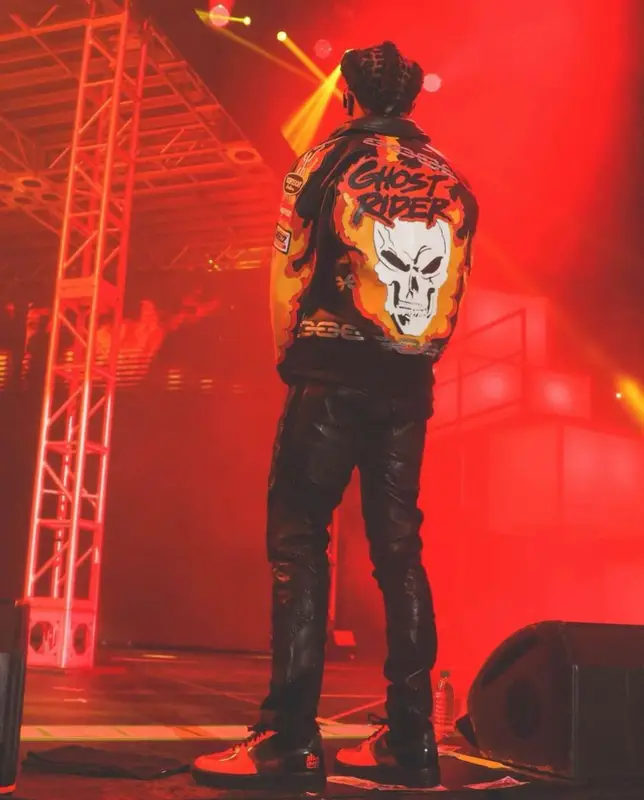 Lil Baby outfit in Supreme and Vanson Leathers, 2021