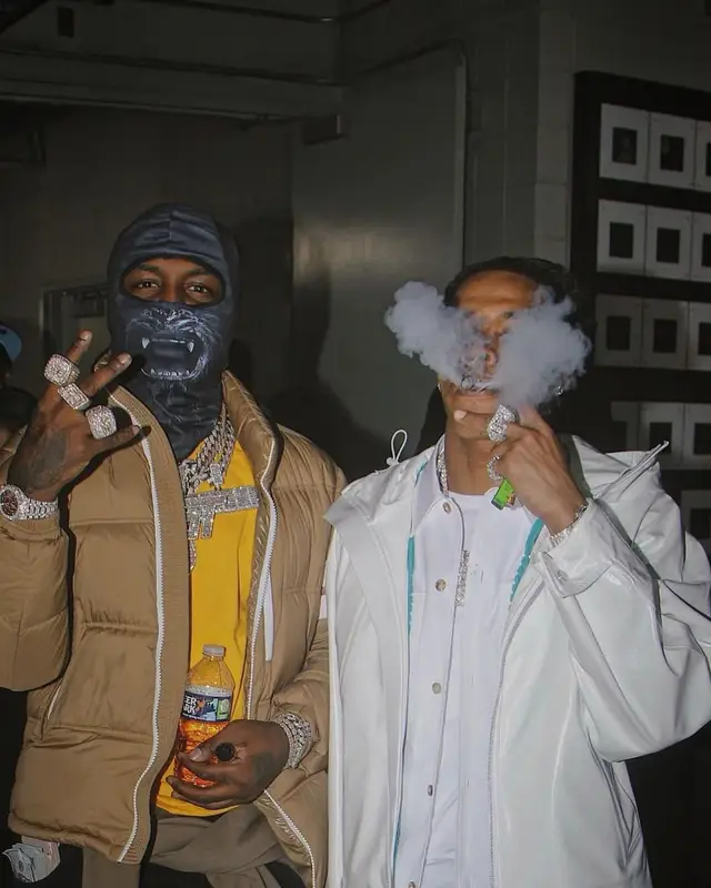 EST Gee outfit in Moncler, Amiri, and Yeezy, 2021