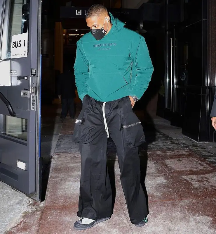 Russell Westbrook outfit in Honor The Gift, Rick Owens, and Henry Mask, 2021