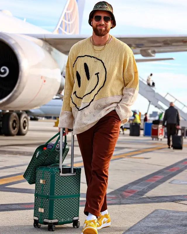 Travis Kelce outfit in Raf Simons, Nike, and Celine, 2021