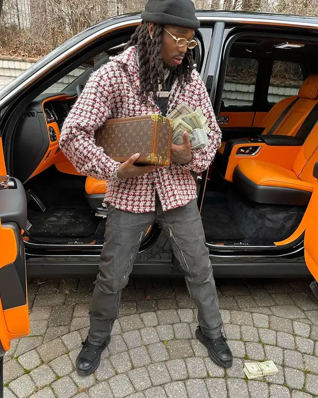Quavo outfit in Givenchy, Rick Owens, and Louis Vuitton, 2021