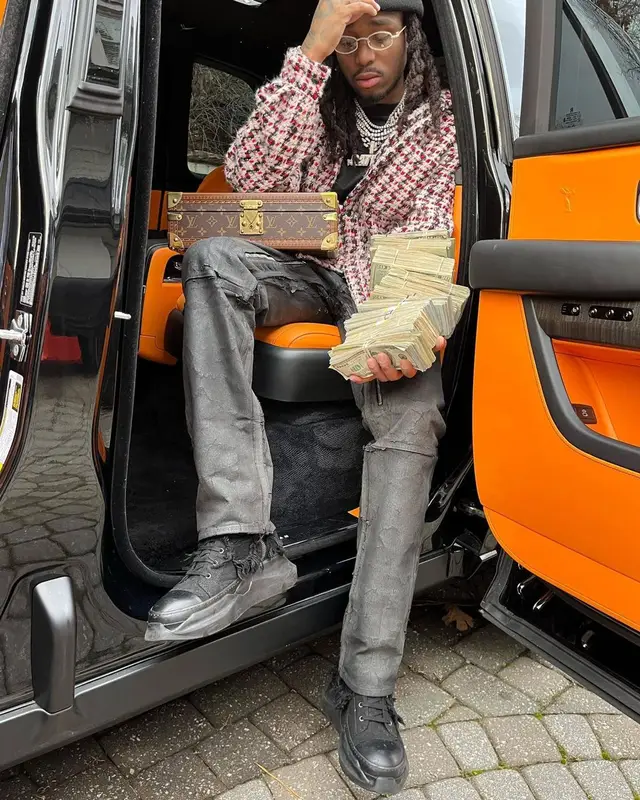 Quavo outfit in Givenchy, Rick Owens, and Louis Vuitton, 2021