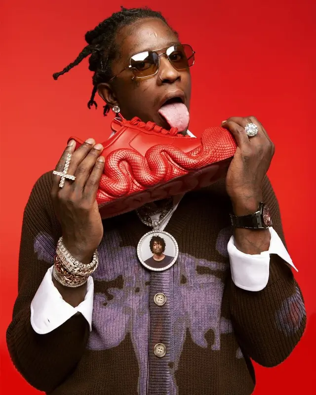 Young Thug outfit in Giuseppe Zanotti and Young Thug Merch, 2021