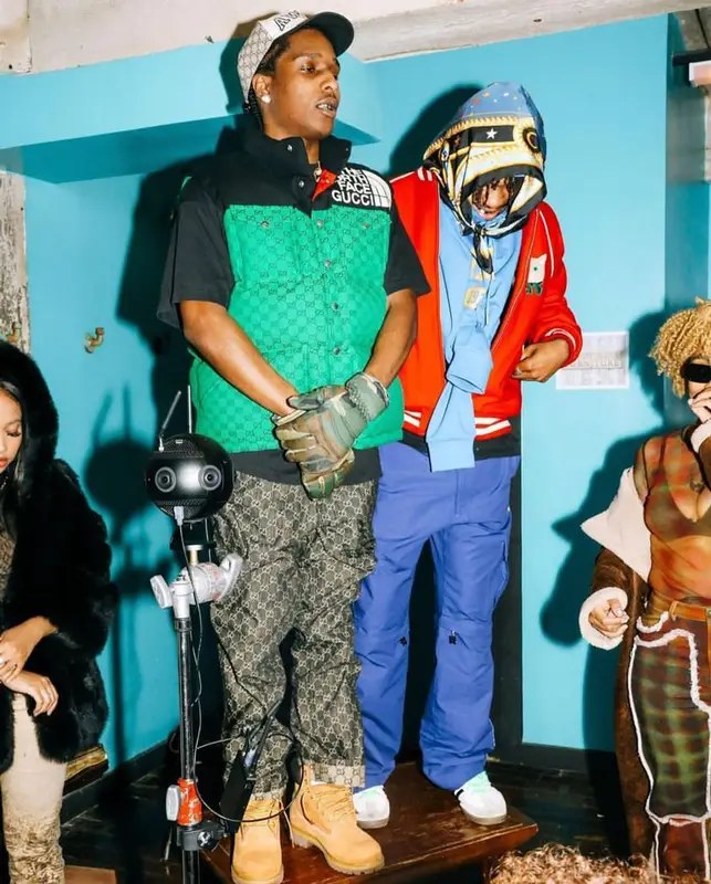 ASAP Rocky outfit in The North Face, Gucci, and AWGE, 2021