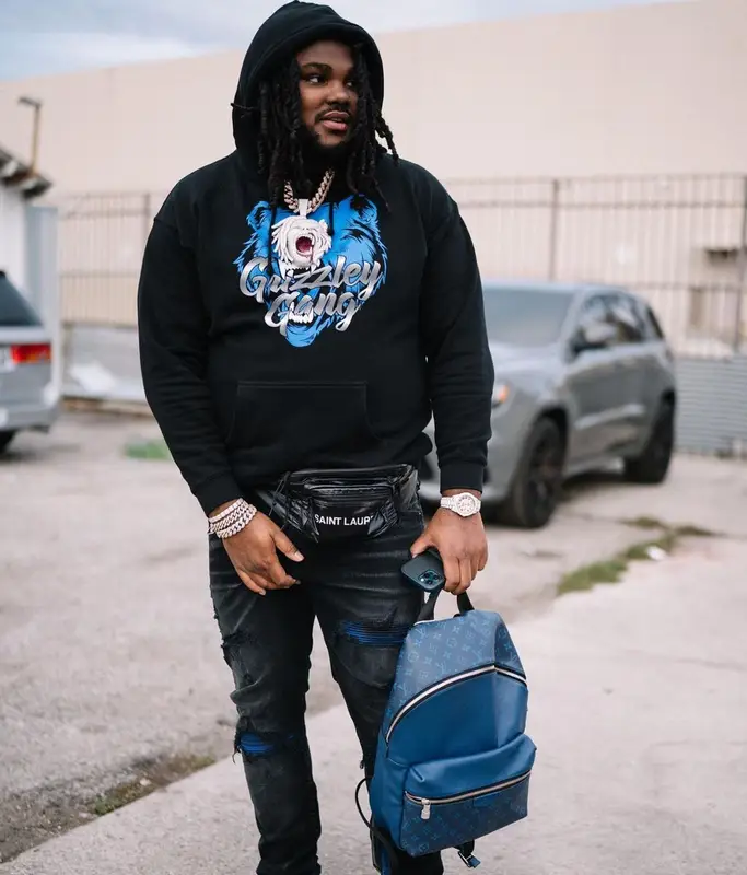 Tee Grizzley outfit in Amiri, Saint Laurent, and Louis Vuitton, 2021