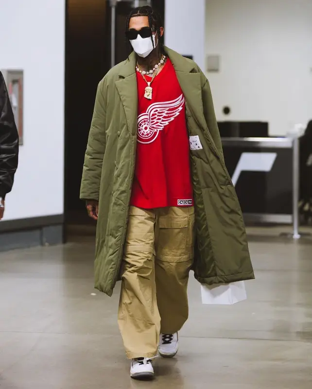 Jordan Clarkson outfit in Off-White, Red Wing Shoes, and Balenciaga, 2021