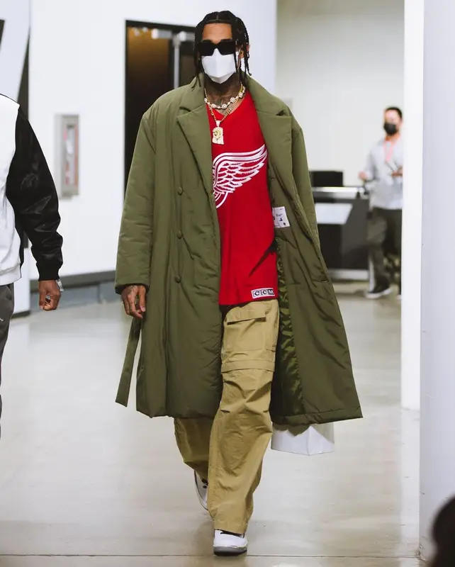 Jordan Clarkson outfit in Off-White, Red Wing Shoes, and Balenciaga, 2021