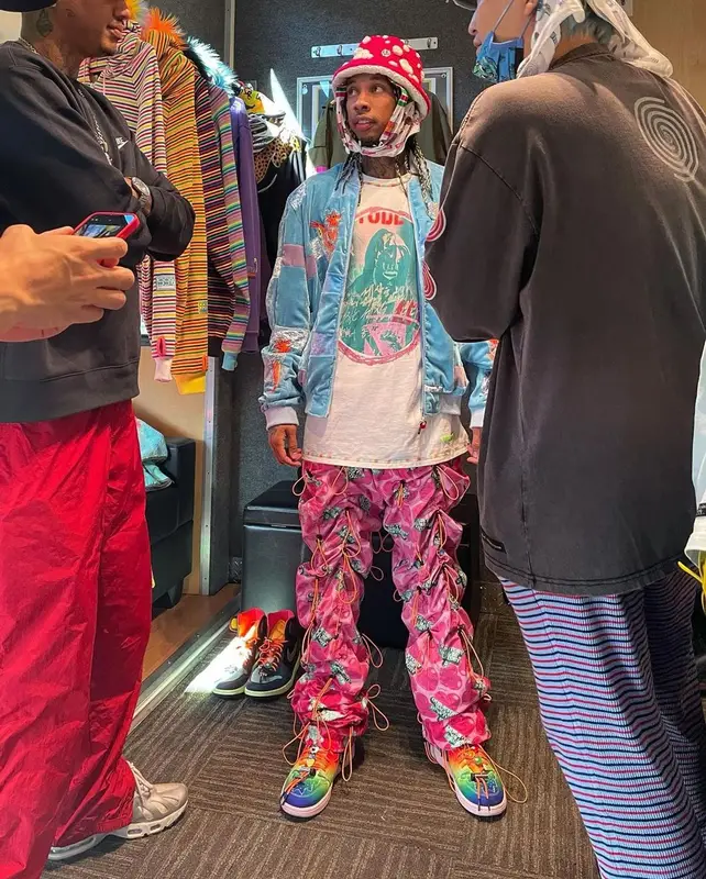 Tyga outfit in Jordan, 99%IS, and J Balvin Merch, 2021
