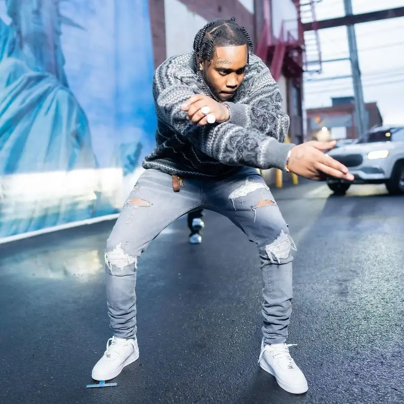 Fivio Foreign outfit in Balenciaga, Amiri, and Playboy, 2021