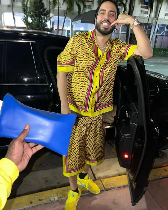 French Montana outfit in Versace, Nike, and Grateful Dead, 2021