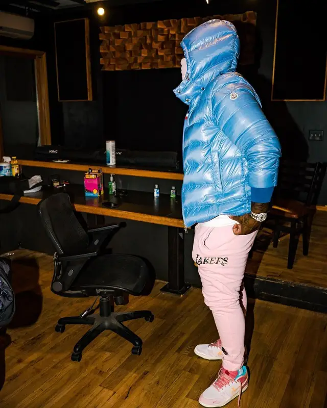 Peezy outfit in Moncler, Pro Standard, and Nike, 2022