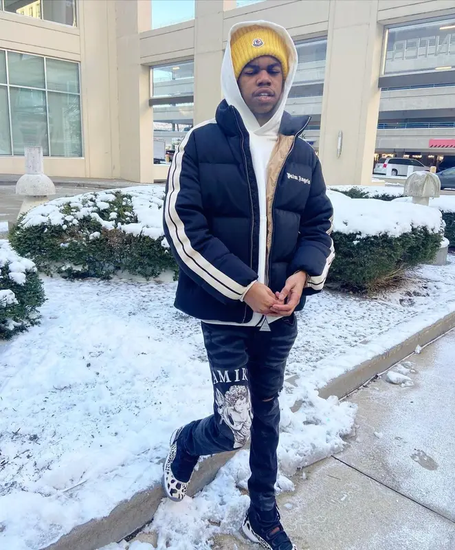 Lil Poppa outfit in Palm Angels, Amiri, and Moncler, 2022