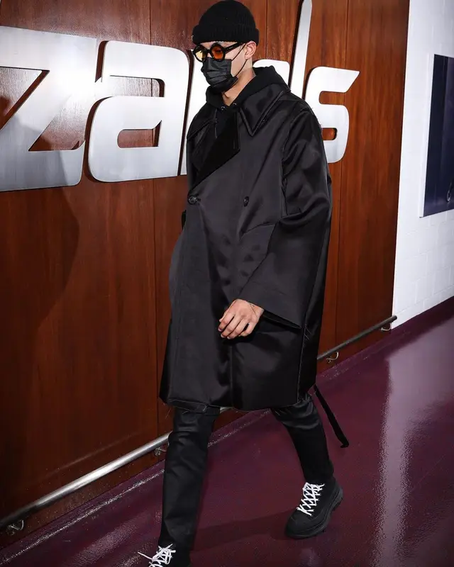 Kyle Kuzma outfit in Rick Owens, Alexander McQueen, and Maybe Tomorrow, 2022