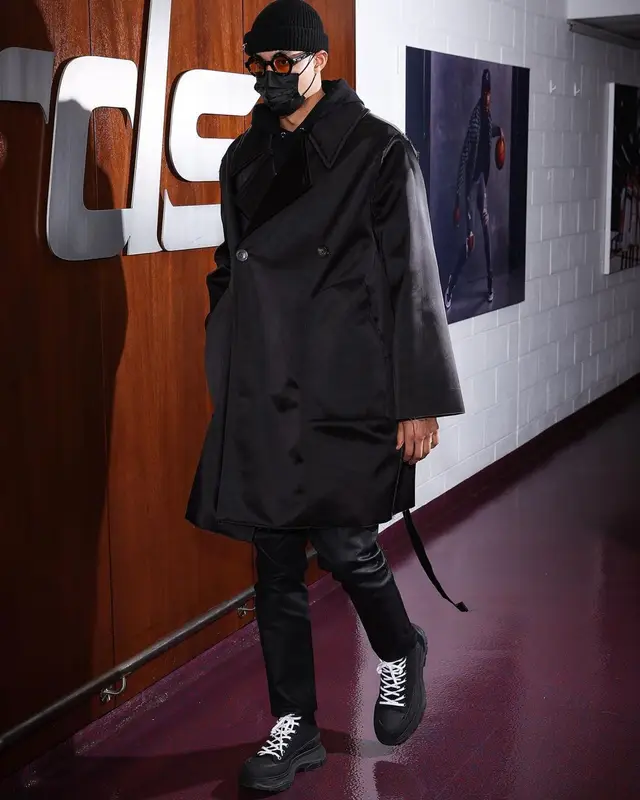 Kyle Kuzma outfit in Rick Owens, Alexander McQueen, and Maybe Tomorrow, 2022