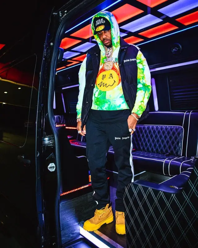 Fabolous outfit in Timberland, Palm Angels, and Bee Line, 2022