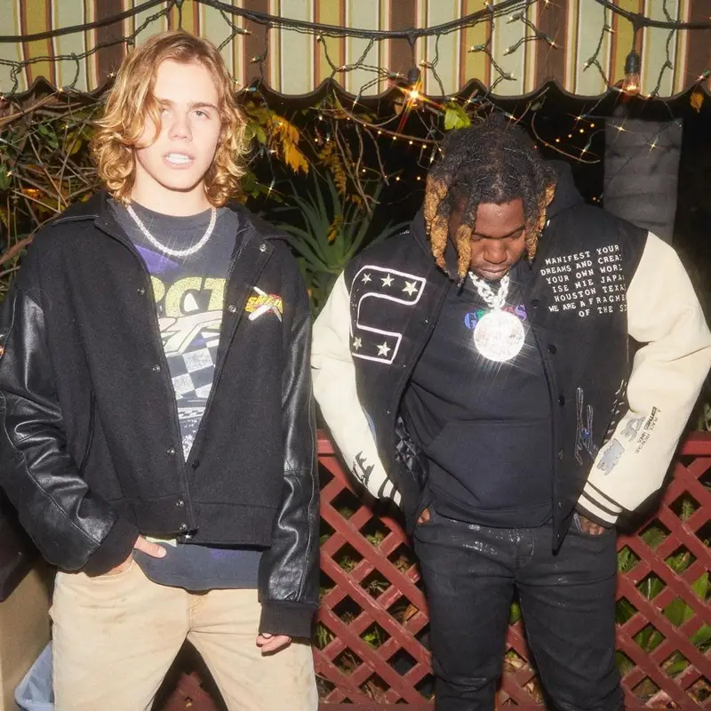 Don Toliver outfit in Travis Scott Merch, Rick Owens, and Fragment, 2022