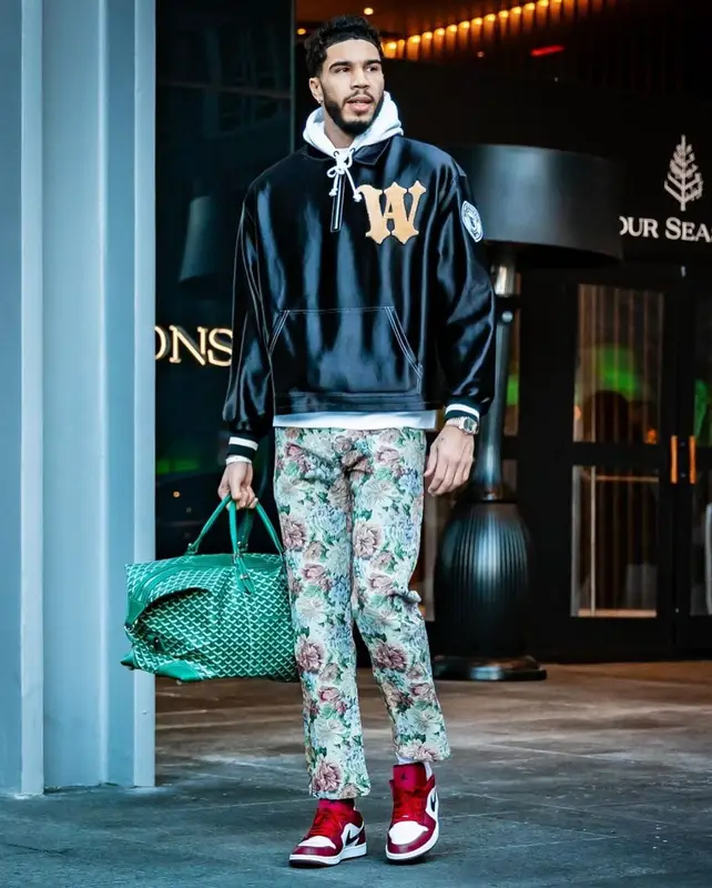 Jayson Tatum outfit in Pleasures, Nike, and Goyard, 2022