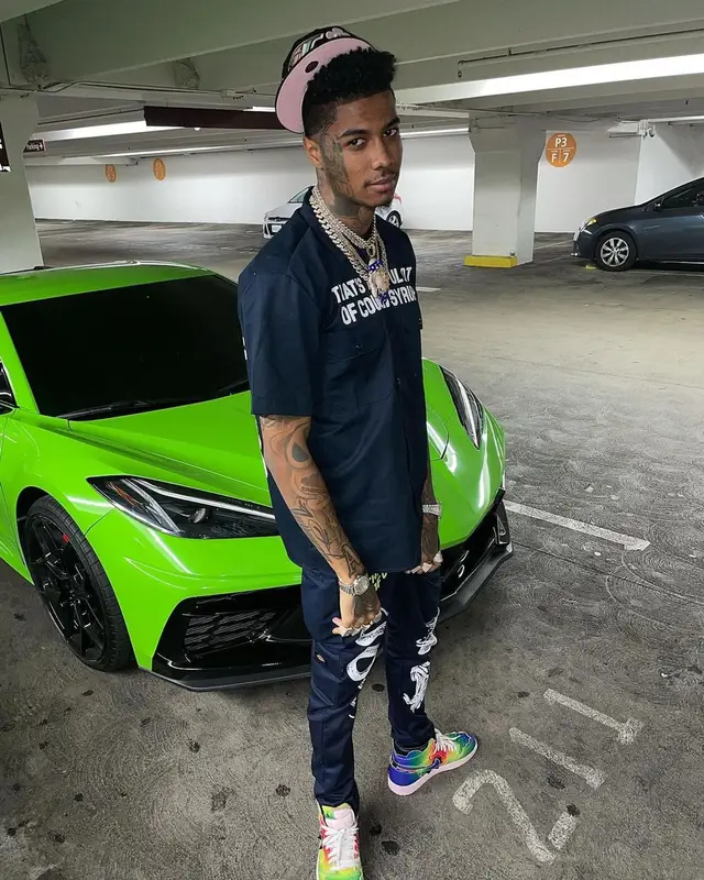 Blueface outfit in Cough Syrup, J Balvin Merch, and Nike, 2022