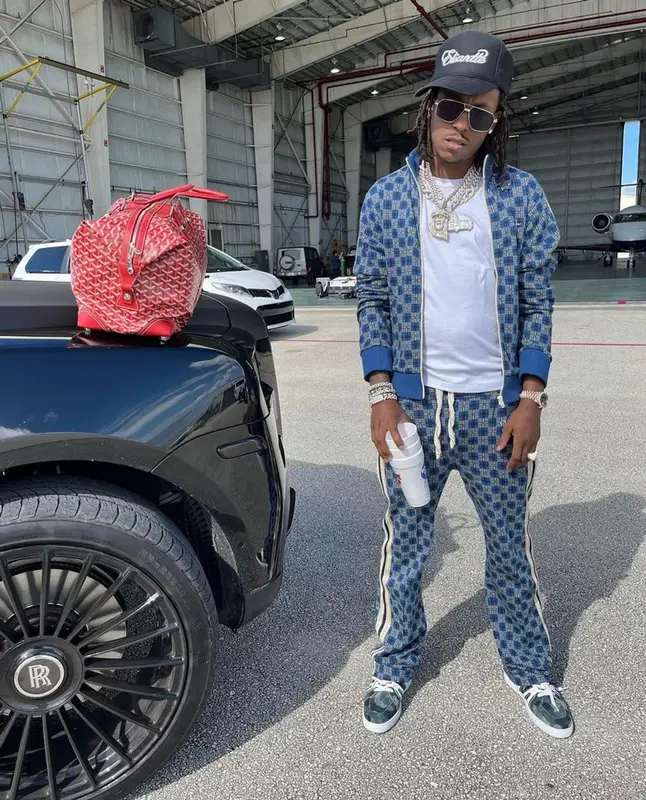 Rich The Kid outfit in Wales Bonner, Christian Louboutin, and Goyard, 2022