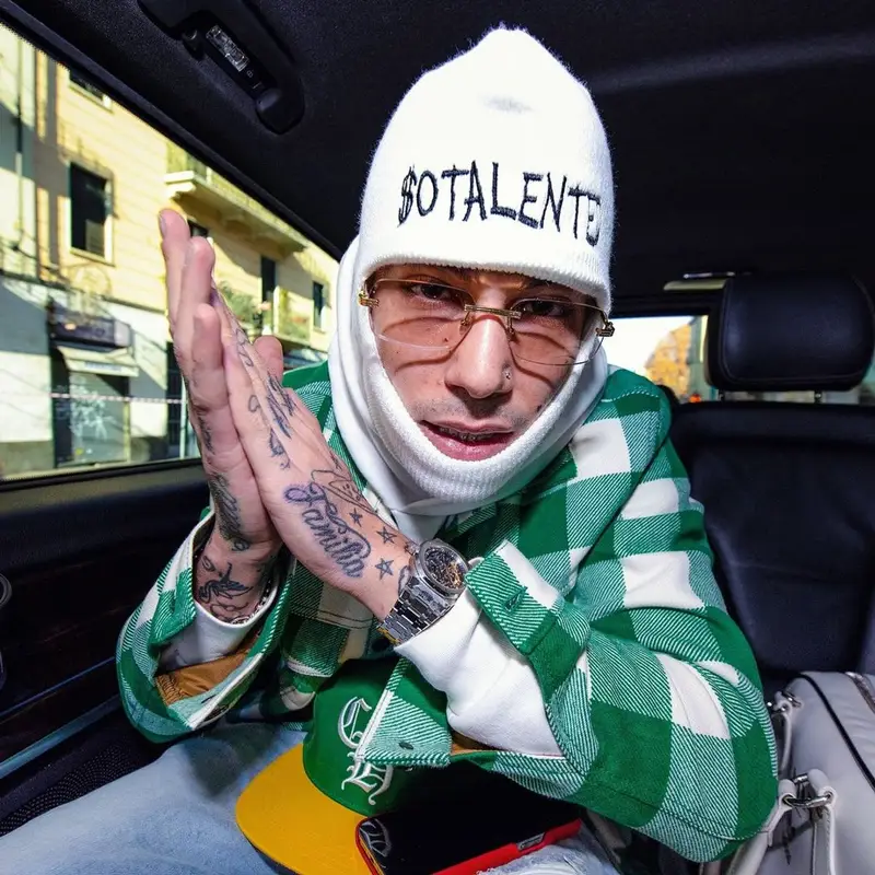 Sfera Ebbasta outfit in Palm Angels, Balenciaga, and Chrome Hearts, 2022
