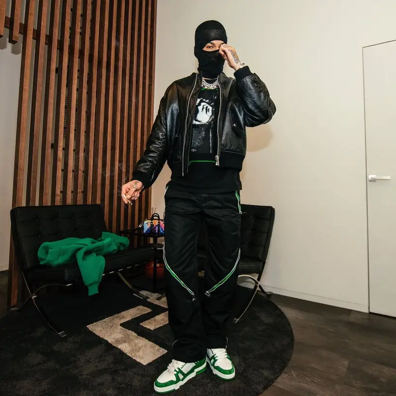 Sfera Ebbasta outfit in Prada, Raf Simons, and Louis Vuitton, 2022