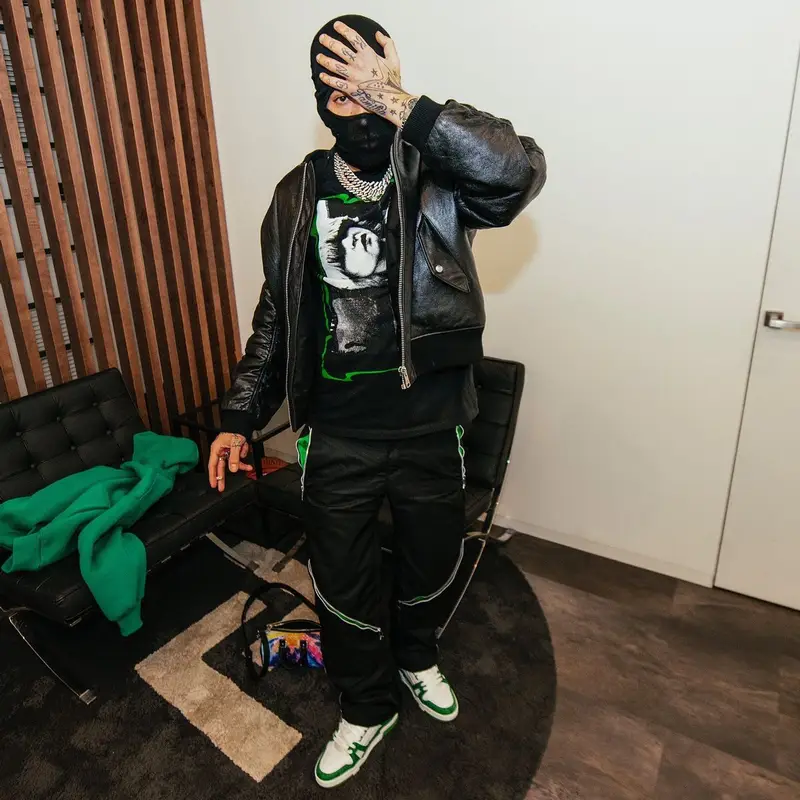 Sfera Ebbasta outfit in Prada, Raf Simons, and Louis Vuitton, 2022