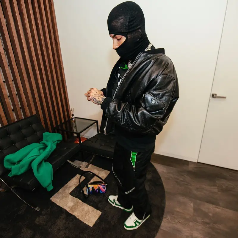 Sfera Ebbasta outfit in Prada, Raf Simons, and Louis Vuitton, 2022