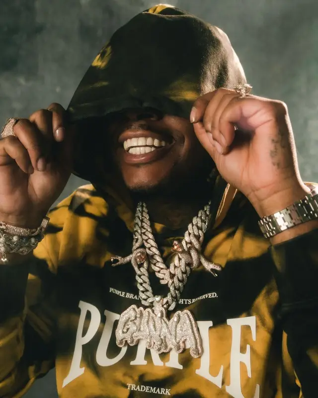 Gunna outfit in Purple Brand, 2022